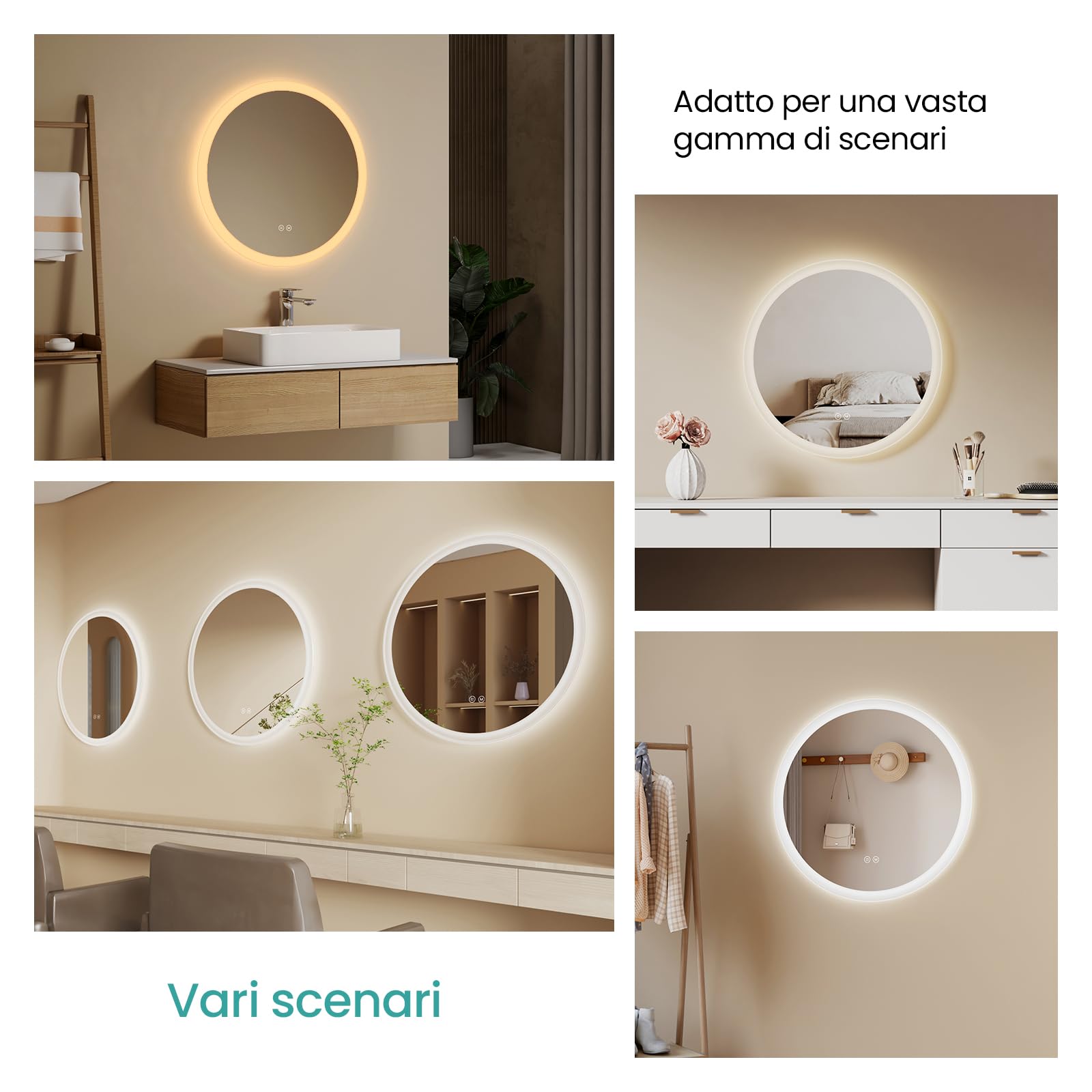 EMKE Specchio da bagno Rotondo 60x60 cm – Anti-Appannamento, Specchio bagno con luce con 3 tonalità di colore, luminosità regolabile, memoria, spegnimento automatico dopo 3 h, specchio LED