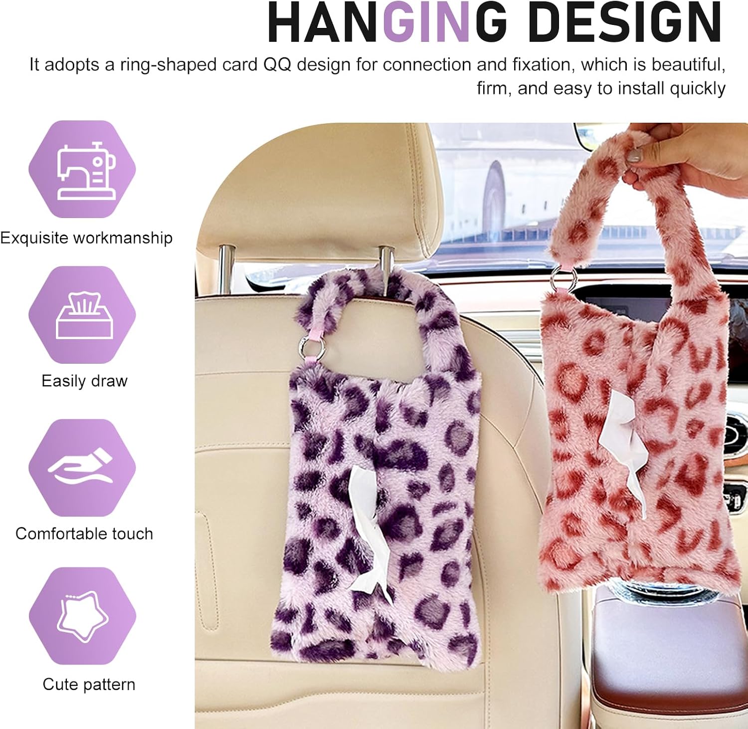 Leopard Print Car Tissue Box, Hanging Cute Plush Car Tissue Holder, Snap-on Design 7.09" x 10.63" Tissues Storage Box, Universal for Most Cars (Purple) image 5