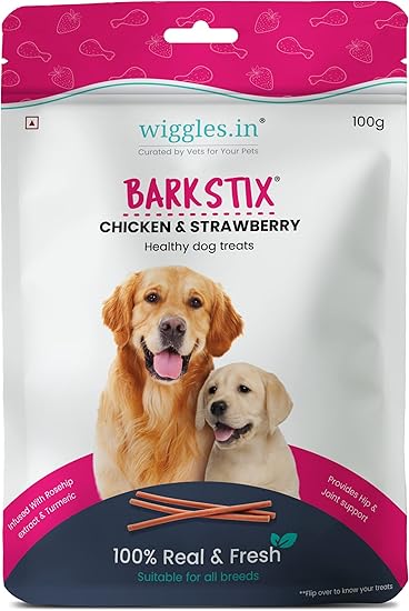 WIGGLES Barkstix Dog Treats for Training Adult Puppies, 100g - Soft Chew Stick Hip, Joint, Skin & Coat - Sea Buckthorn Pulp, Ashwagandha (Chicken & Strawberry)