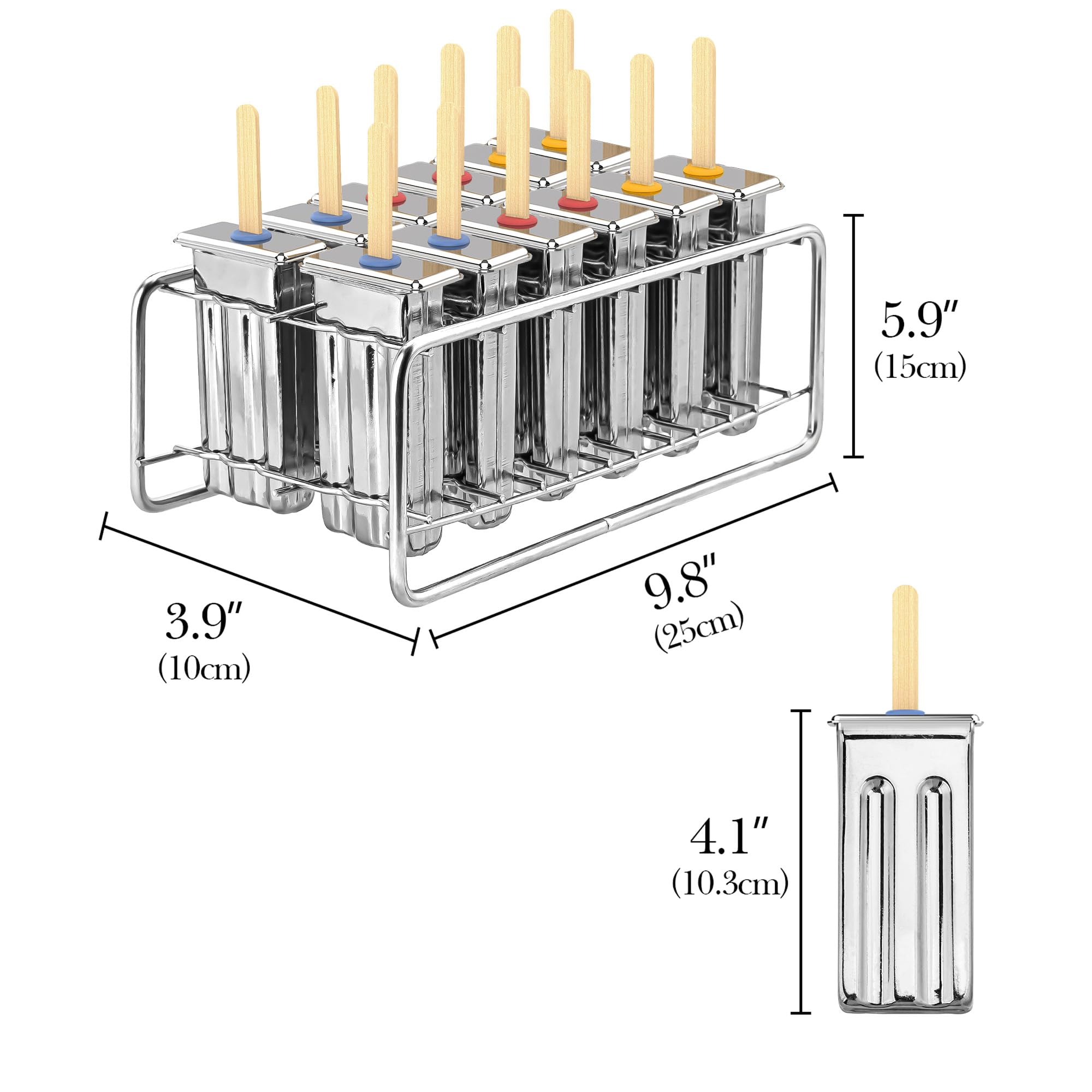 Lot de 12 moules à glace en acier inoxydable avec support, réutilisables à tête plate et à congélation rapide avec bâtons en bois et sacs