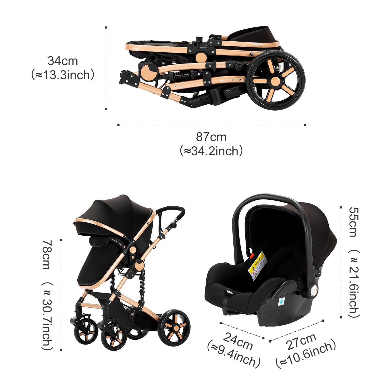 Carrito Bebe 3 en 1, Carrito Bebe con Diseño Portátil Plegable de Un Clic, Carro de Bebe 3 Piezas con Empuje Reversible de Dos Vías, Cochecito Bebe 3 Piezas con Accesorios (588 Black Gold)