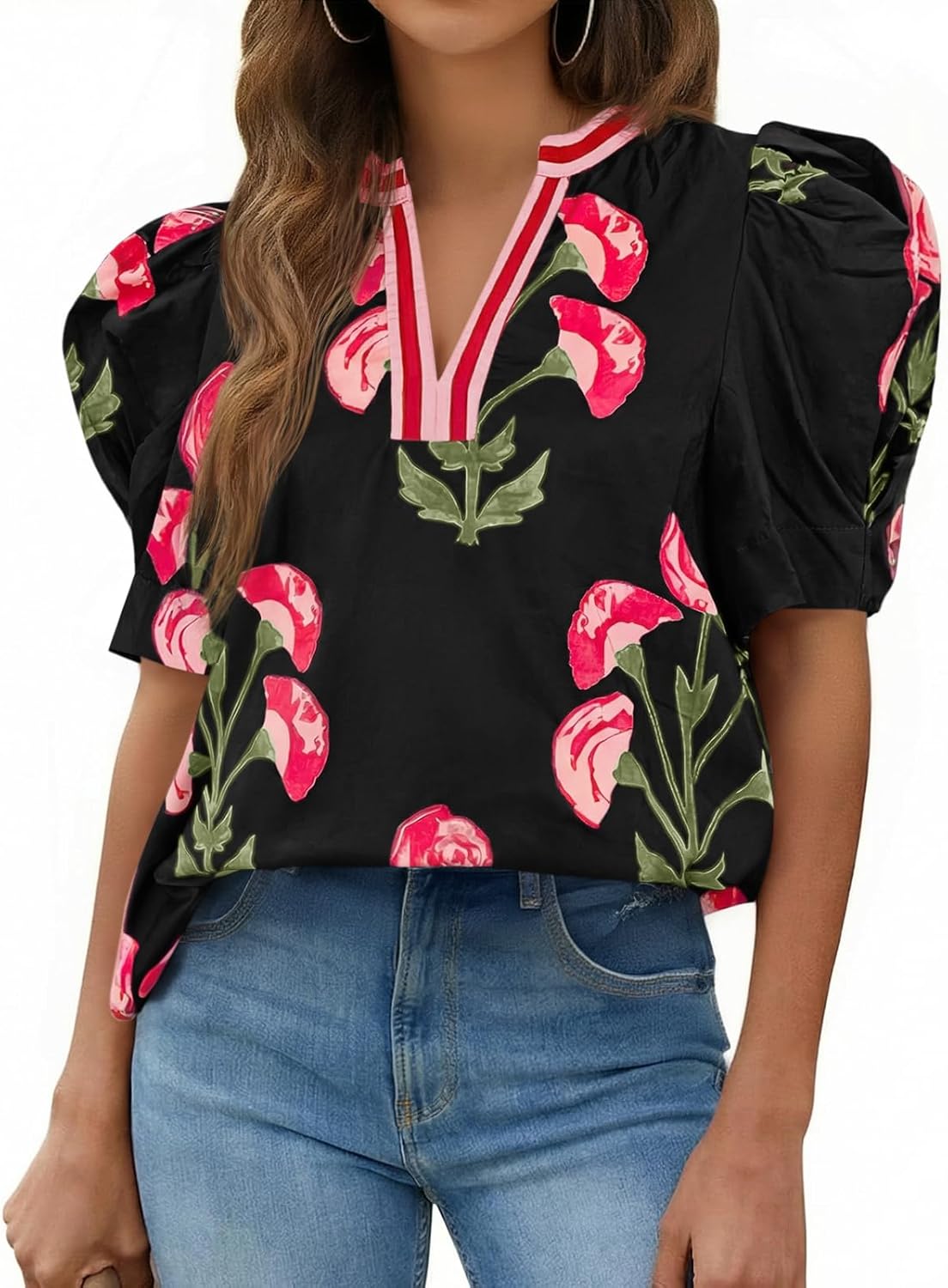 Cicy Bell Womens Summer Puff Sleeve Blouses Casual Dressy V Neck Color Block Tops Loose Fit Boho Floral Printed Tee Shirts