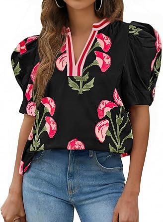 Cicy Bell Womens Puff Sleeve Floral Tops Summer Casual Dressy Blouses V Neck Print Boutique Shirts
