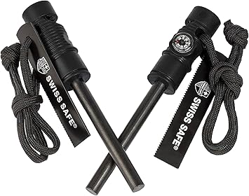 Swiss Safe 5-in-1 Magnesium Ferro Rod Fire Starter Survival Tool - Flint & Steel Striker, Compass, Paracord & Whistle - Emergency Kit for Backpacking, Camping, Hiking - All-Weather - Black, 2-...