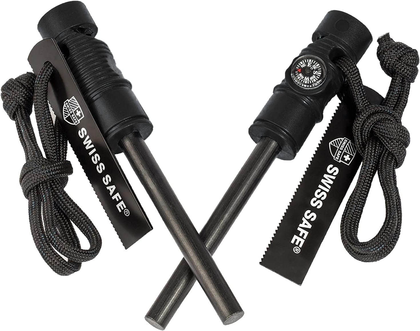 5-in-1 Fire Starter with Compass, Paracord and Whistle (2-Pack) for Emergency Survival Tools, Survival Kits, Camping, Hiking, All-Weather Magnesium Ferro Rod (Black)