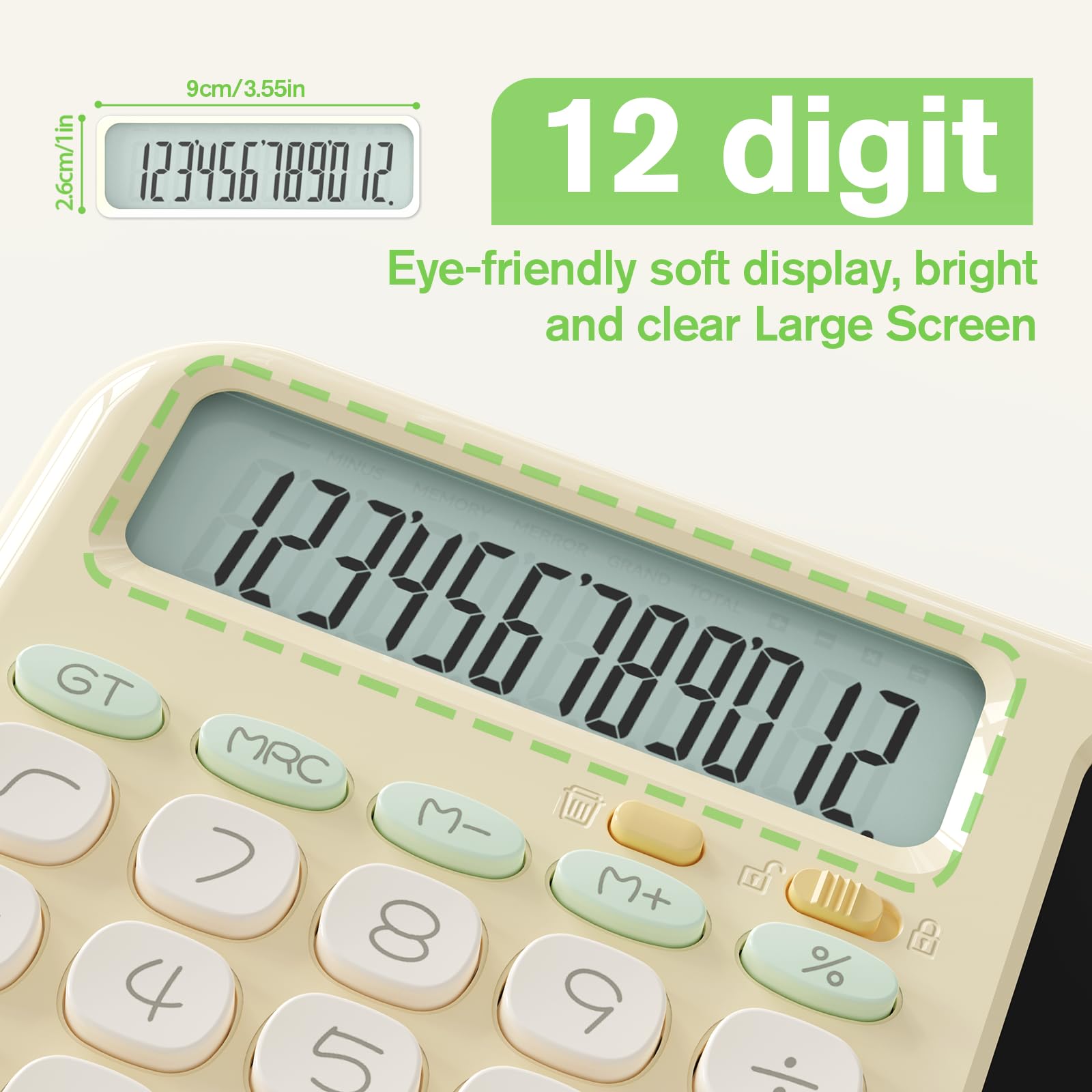 ROATEE Foldable 2-in-1 Basic Calculator with Erasable LCD Handwriting Tablet,12-bit HD Widescreen,Rechargeable Solar Dual Power Supply,Suitable for Students and Office Use (Green) — view 3
