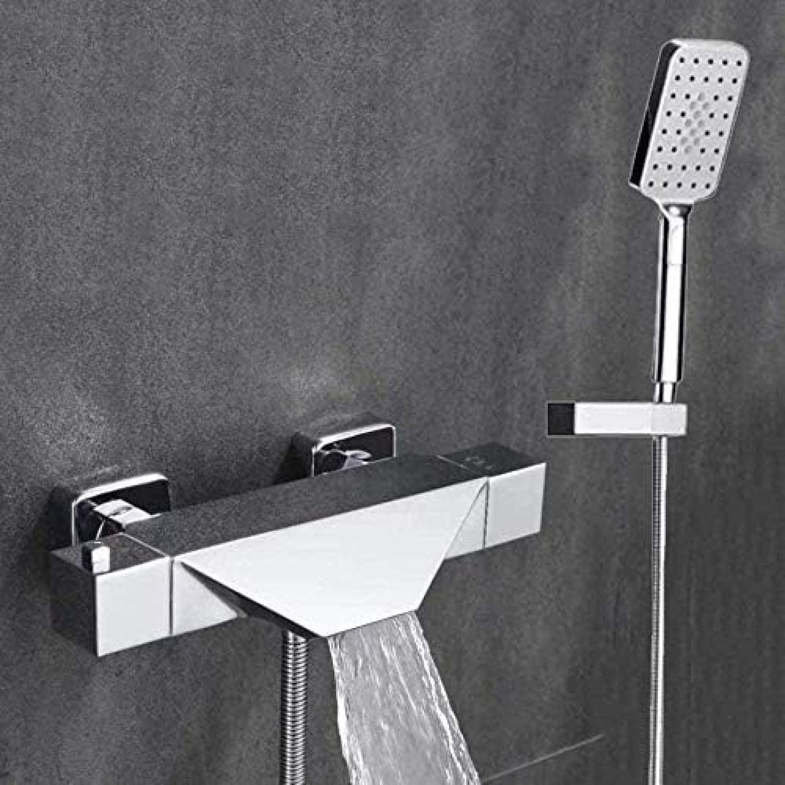 Miscelatore termostatico per Vasca da Bagno Rubinetti per Vasca da Bagno Set Miscelatore per Vasca a Parete Miscelatore per Vasca a Cascata con soffione e Set di Tubi Flessibili-Nero-B,Misc