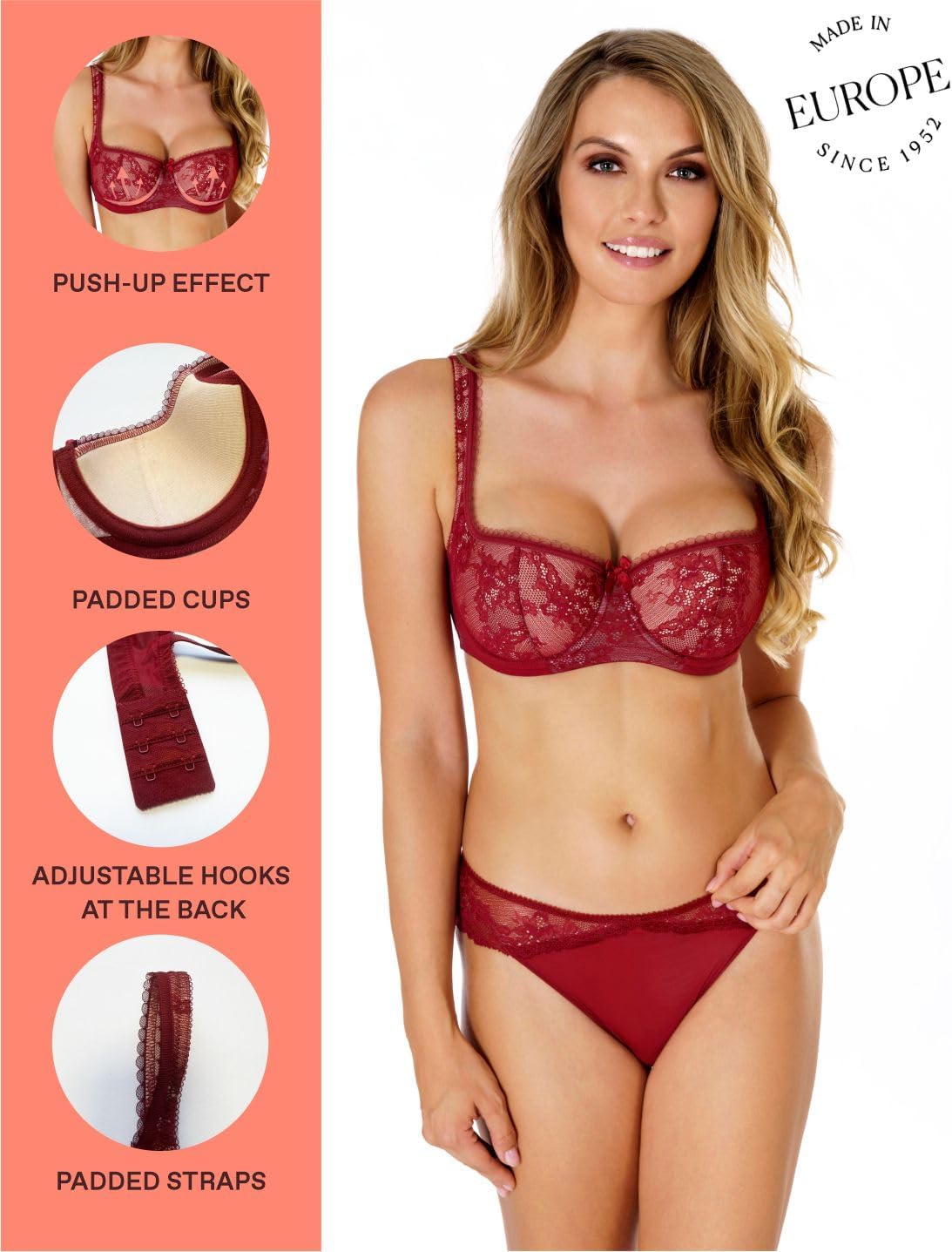 Rosme Women's Balconette Bra with Push Up Effect Plus Size Sexy Lace Demi Half Cup Bra Underwired Low Cut Mesh Bras Eliza - Image 6