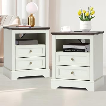 KIGOTY Farmhouse Nightstand with Charging Station, Bedside Table with 2 Drawer,Open Compartment, Side Table with Storage, End Table for Bedroom White-Brown, 2 Pack