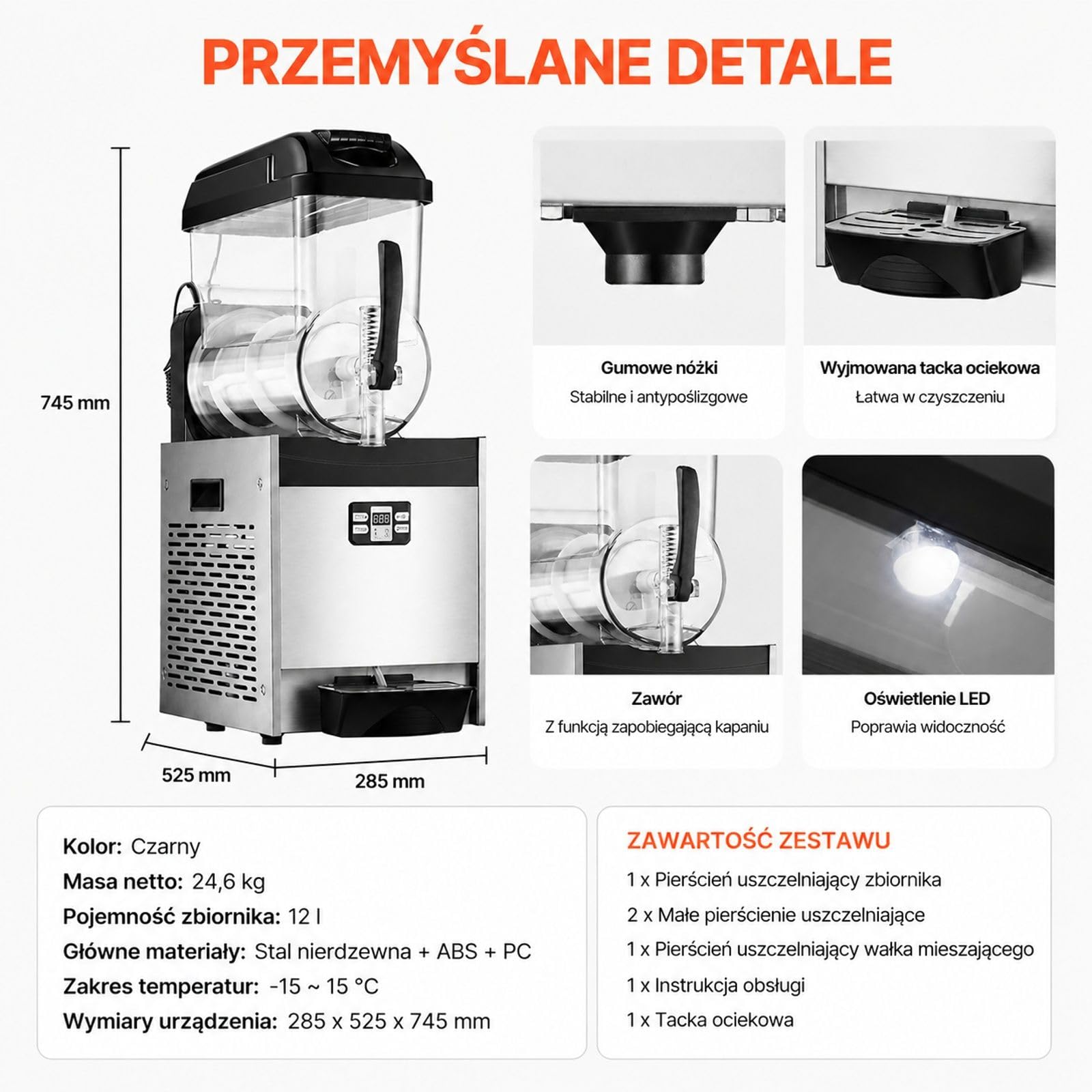 Komercyjna maszyna do lodu kruszonego 12 l, 48 filiżanek, pojedynczy zbiornik, stal nierdzewna, czarna, z klawiaturą, do restauracji, kawiarni, barów