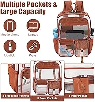 Vista 2 de Vangue Mochila transparente de TPU aprobada para estadios, resistente y con correas acolchadas para eventos deportivos universitarios, Marrón, Bolsa