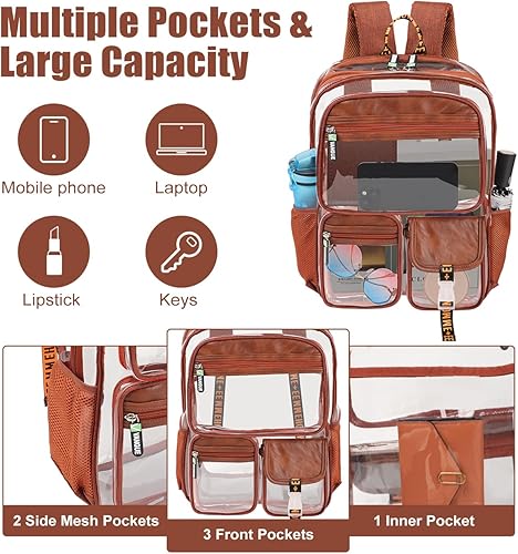 Vista 2 de Vangue Mochila transparente de TPU aprobada para estadios, resistente y con correas acolchadas para eventos deportivos universitarios, Marrón, Bolsa