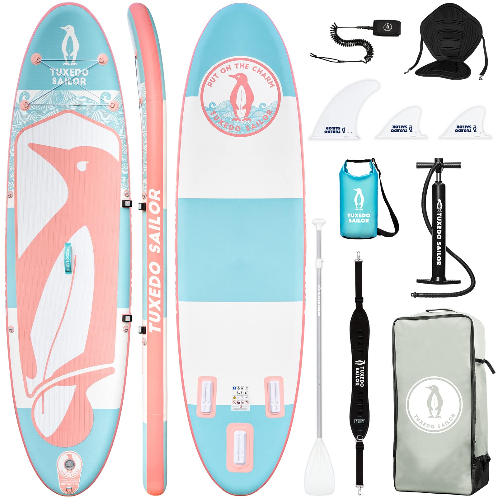 Photo 1 of Tuxedo Sailor Inflatable Paddle Board Inflatable SUP Inflatable Stand Up Paddle Board Kids Paddle Board with Paddle Board Accessories for Fishing Yoga Tourism Surfing and Racing pink/white/blue