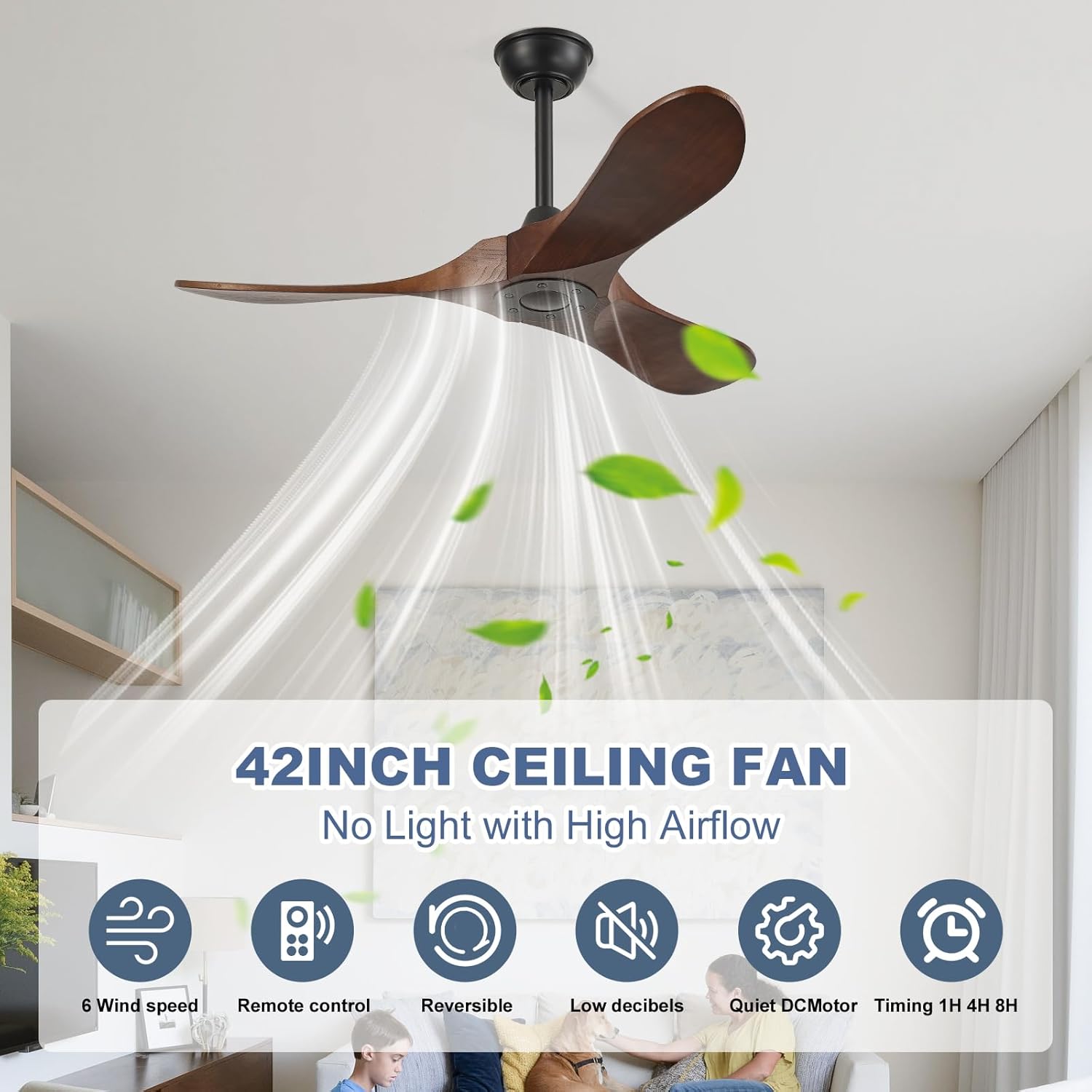 42'' Outdoor Ceiling Fan no Light,Solid Wood Ceiling Fan with Remote Control,Quiet and Reversible DC Motor with Large Airflow for Living Room,Patios,Gazebo (dark walnut)