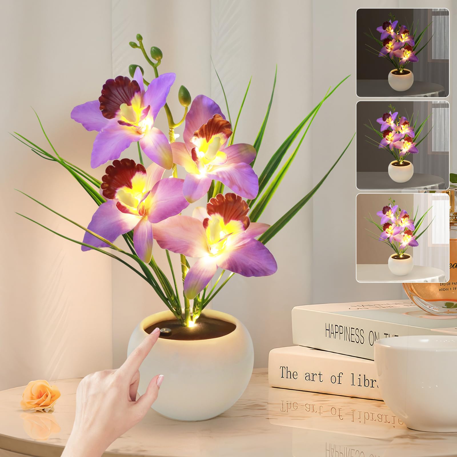 Strackvial Artificial Flower Night Light, Touch Stepless Dimming Cordless Orchid Flower with Vase Lamp, USB Rechargeable LED Table Lamp Decorative Ambient Light for Festival Party Home Decor