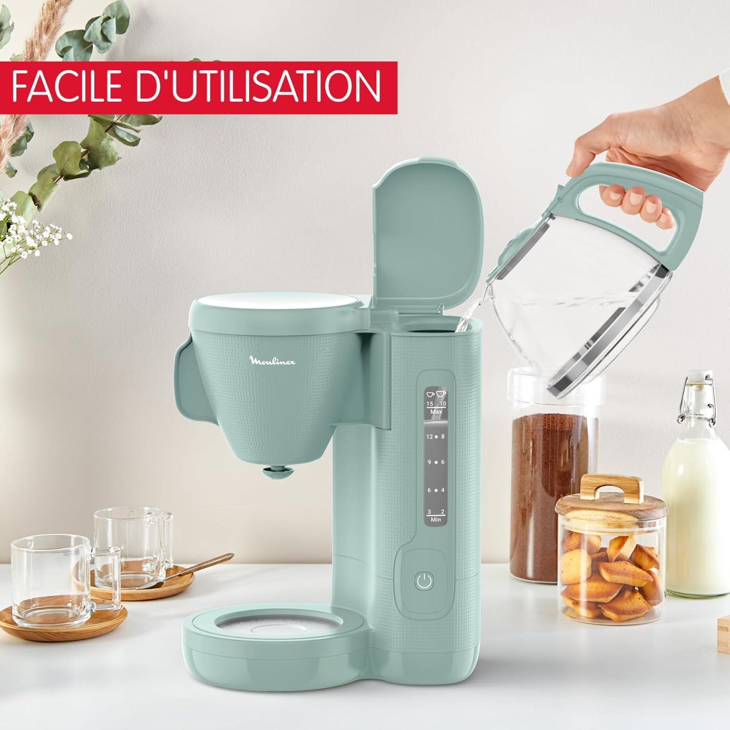 Moulinex Przelewowy ekspres do kawy, 10-15 filiżanek, 1,25 l, obrotowy uchwyt filtra, system zapobiegający kapaniu, utrzymywanie ciepła, Morning, eukaliptus, FG2M1310