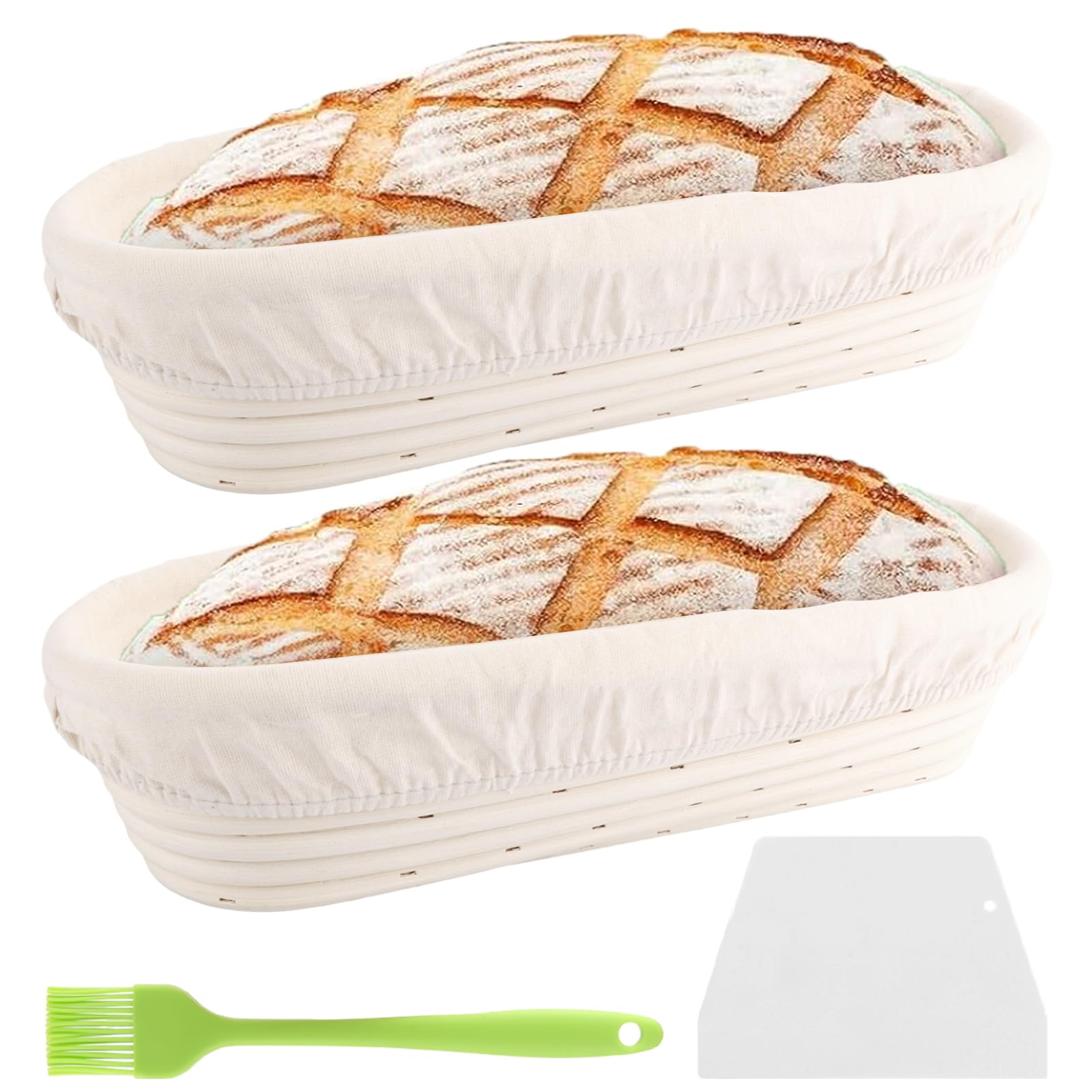 Lot De 2 Paniers à Pain En Rotin Naturel – 28 Cm Ovales, Inclut Housse Tissu, Brosse Et Grattoir Pour Boulangers