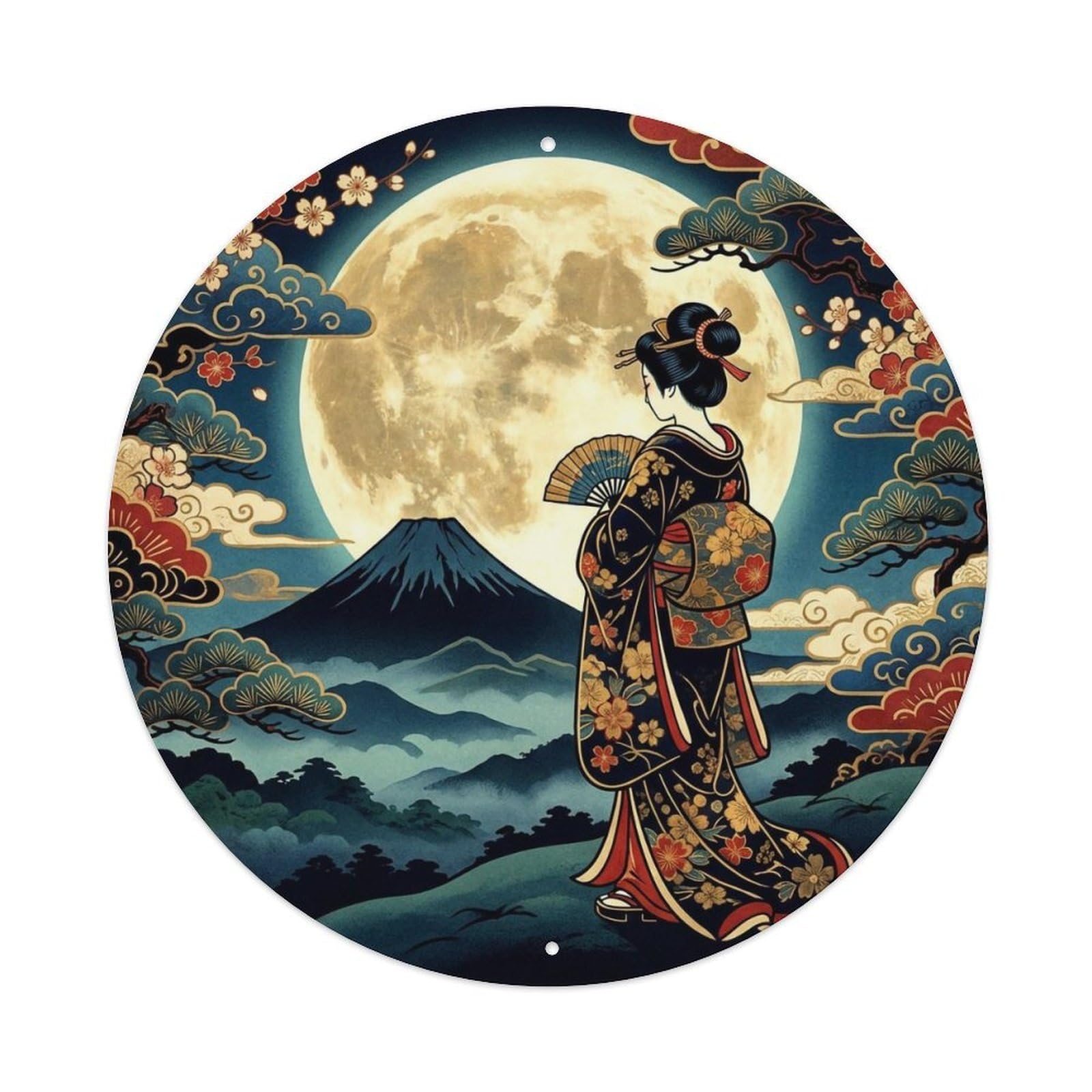 Yrnq 8X8inch Vintage Style Japanese Geisha Full Moon Fuji Silhouette Foreground Metal Tin Sign