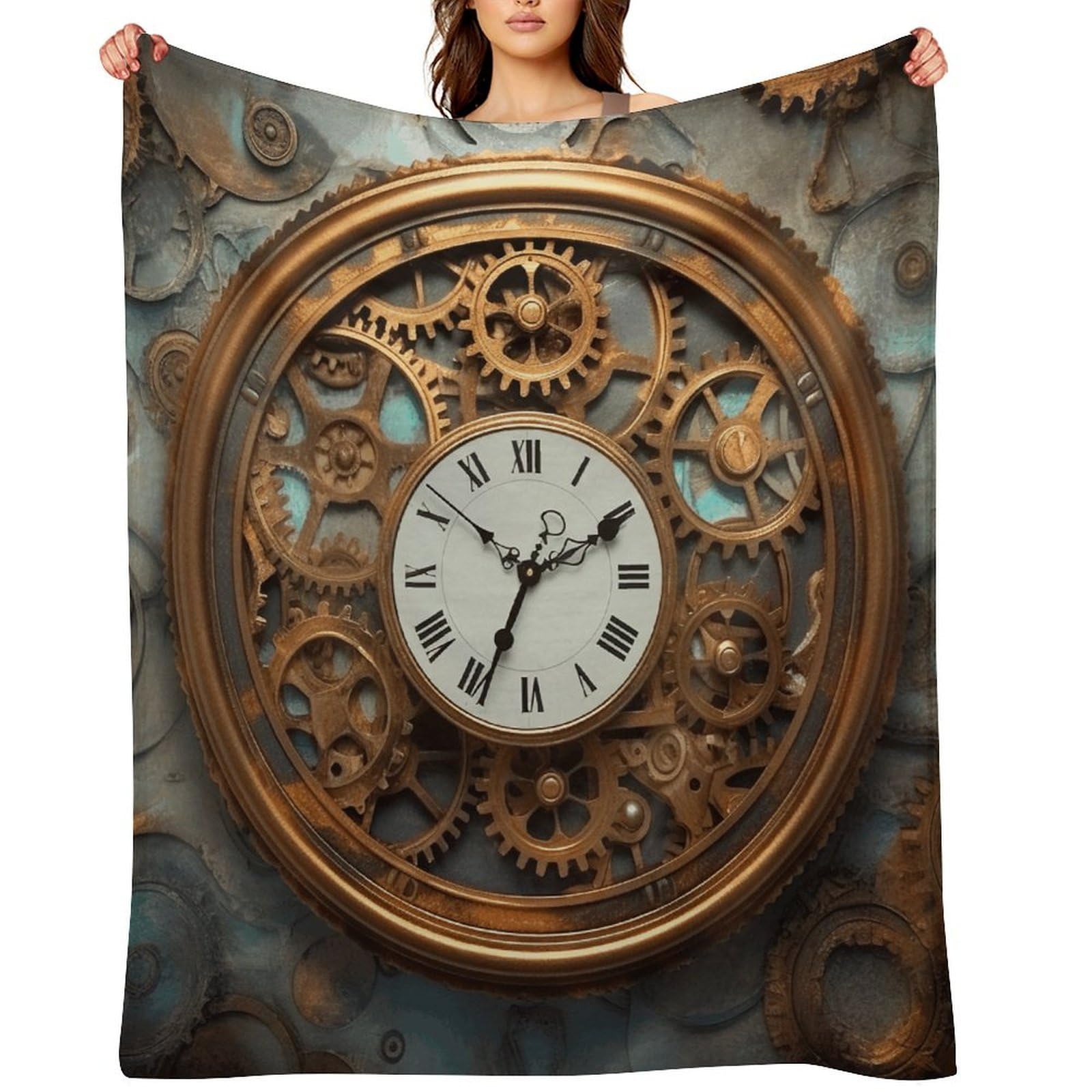 Rusty Steampunk Clock Throw Blanket for Couch and Bed Super Soft Warm Lightweight Throw Blankets Cozy Fuzzy Flannel Blanket Personalized Decorative Blankets for Sofa Decor 60"x80"