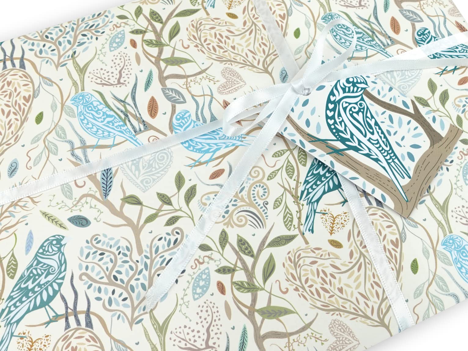 Bird and hearts gift wrapping paper | Quality sheets + tags | Zero plastic packaging (6 Sheets + 6 Tags, Blue)