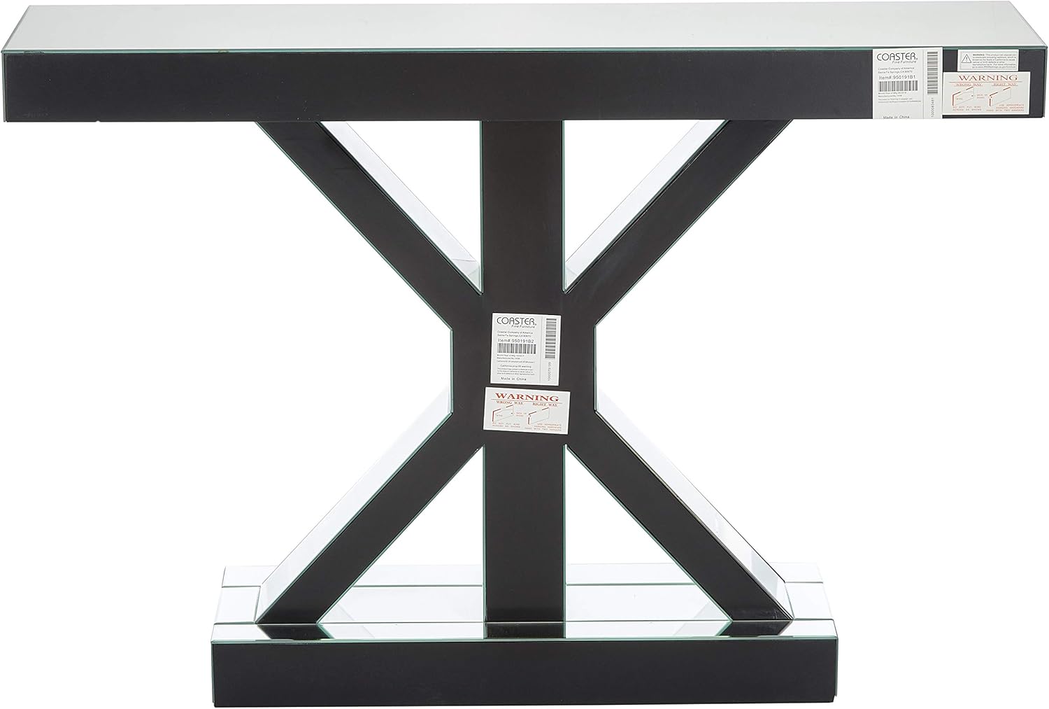 Mirrored Glass and Wood X-Base Console Table