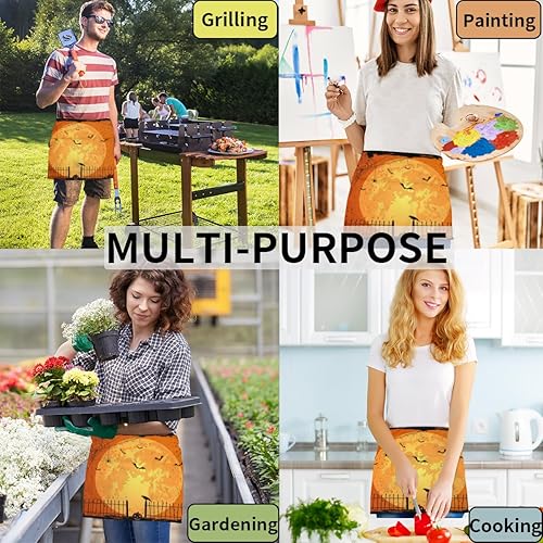 Miniatura 5 de Halloween Moon Pumpkins 3 Pack Server Aprons with 3 Pocket Waterproof Womens Half Waist Aprons for Cooking Dishwashing Kitchen Gardening Salon