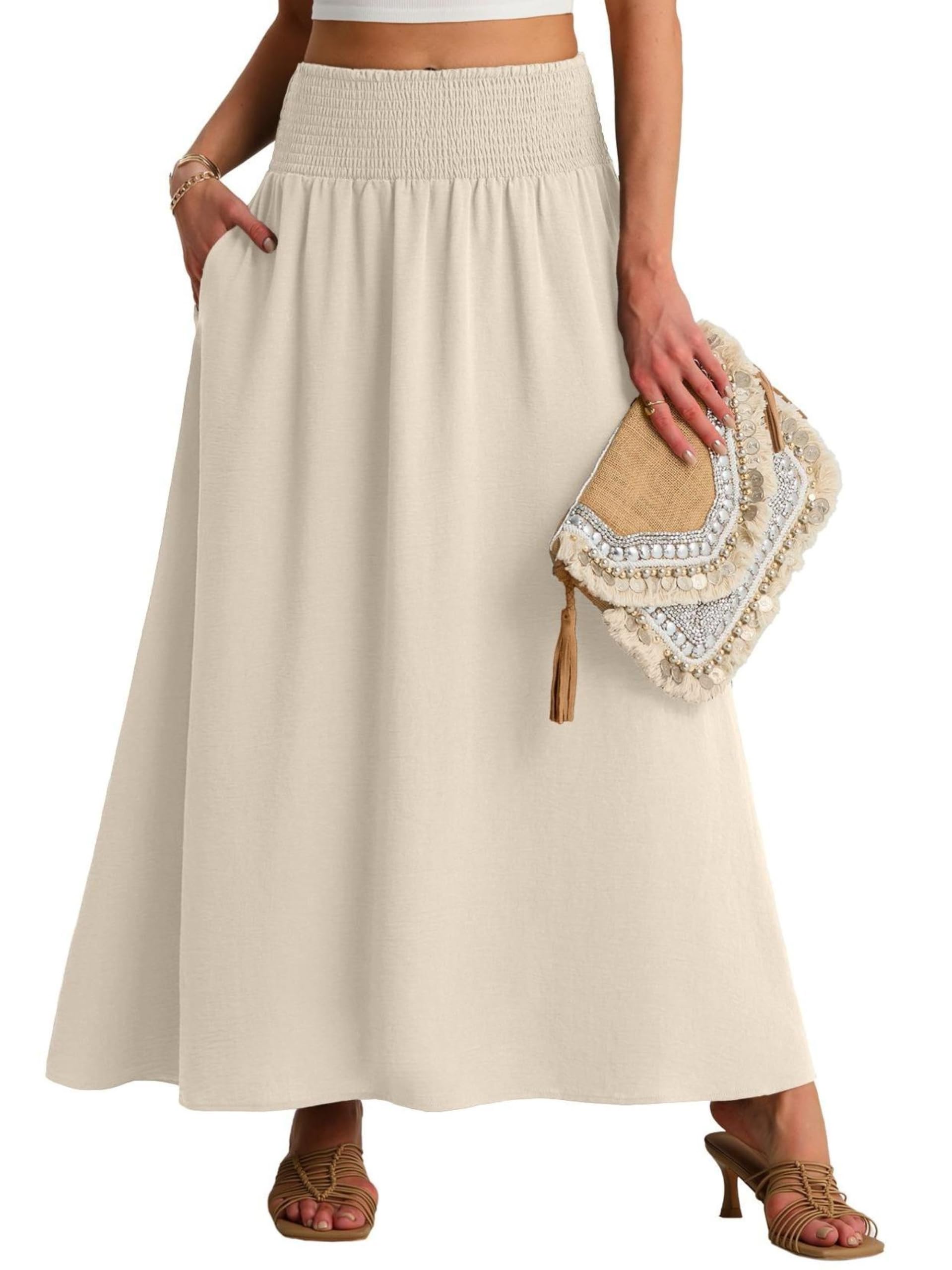 QIXING Damen Sommerrock Lang A-Linie Smocked Hohe Taille Swing Plisseerock mit Taschen Boho Maxirock