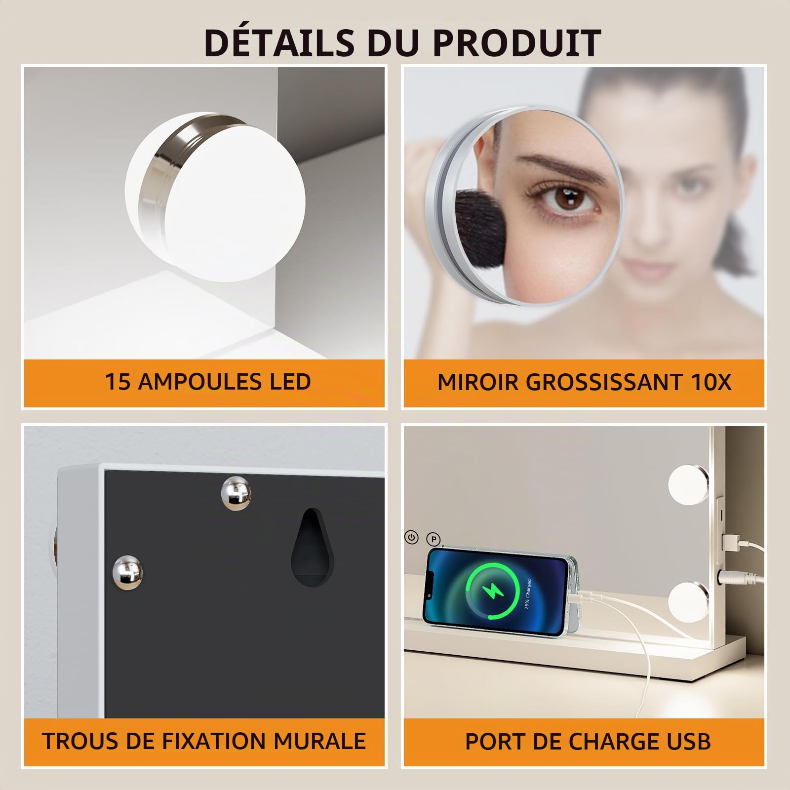 Miroir Coiffeuse, Miroir Hollywood avec 3 Modes de Couleur, Contrôle Tactile, Ports USB 58X46cm (Blanc)