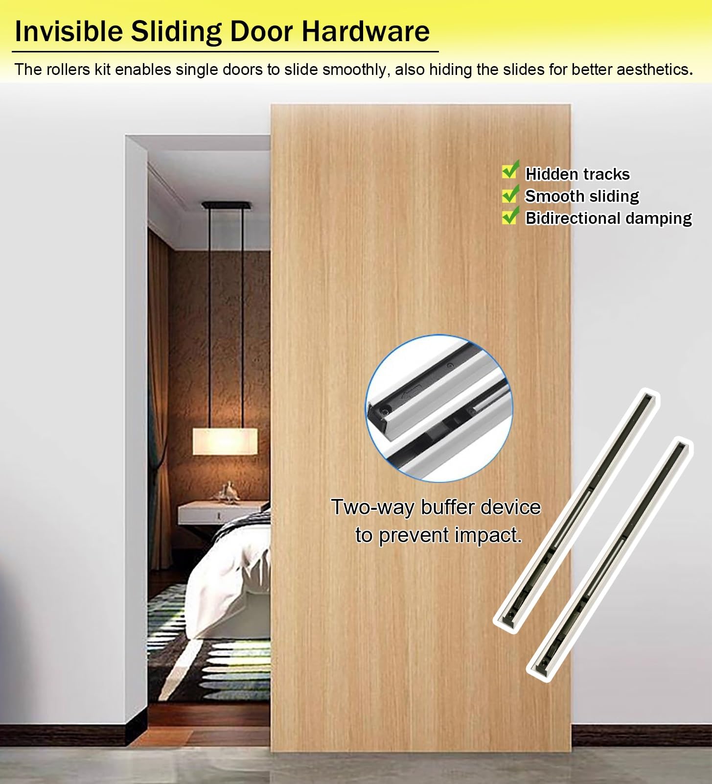 Guia Puerta Corredera Herrajes Ocultos para Puertas Corredizas de Granero con Mecanismo de Cierre Suave, Kit de Rodillos para Rieles de Puerta Corrediza Fantasma(11.4ft/346cm)