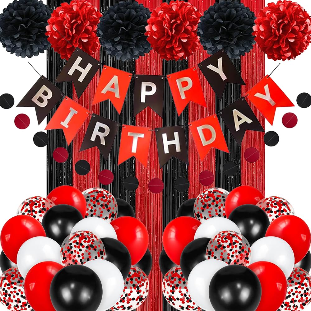 Geburtstag Dekoration Set, Geburtstagsdeko, Schwarz Rot Happy Birthday Banner, Luftballons DIY Party Papier Pompoms Lametta Vorhang Geburtstag Deko Party Supplies