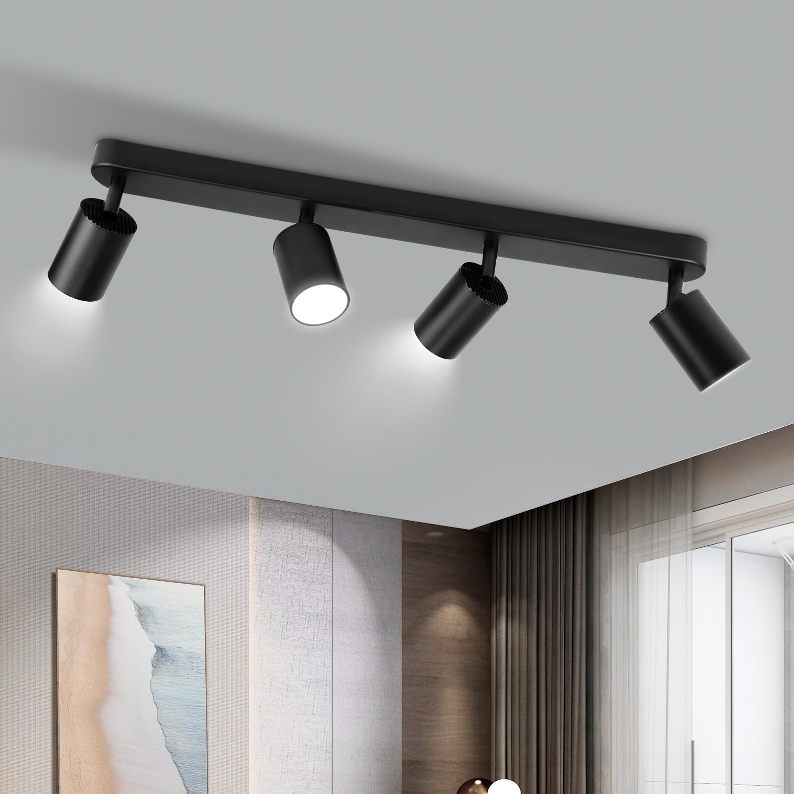 CANMEIJIA Plafonnier Noir 4 Spots, Plafonnier Spot Led Orientable Luminaire GU10, Spot Orientable, Rotation De 350°, Barre droite rail luminaire, Sans Ampoules, Pour Cuisine