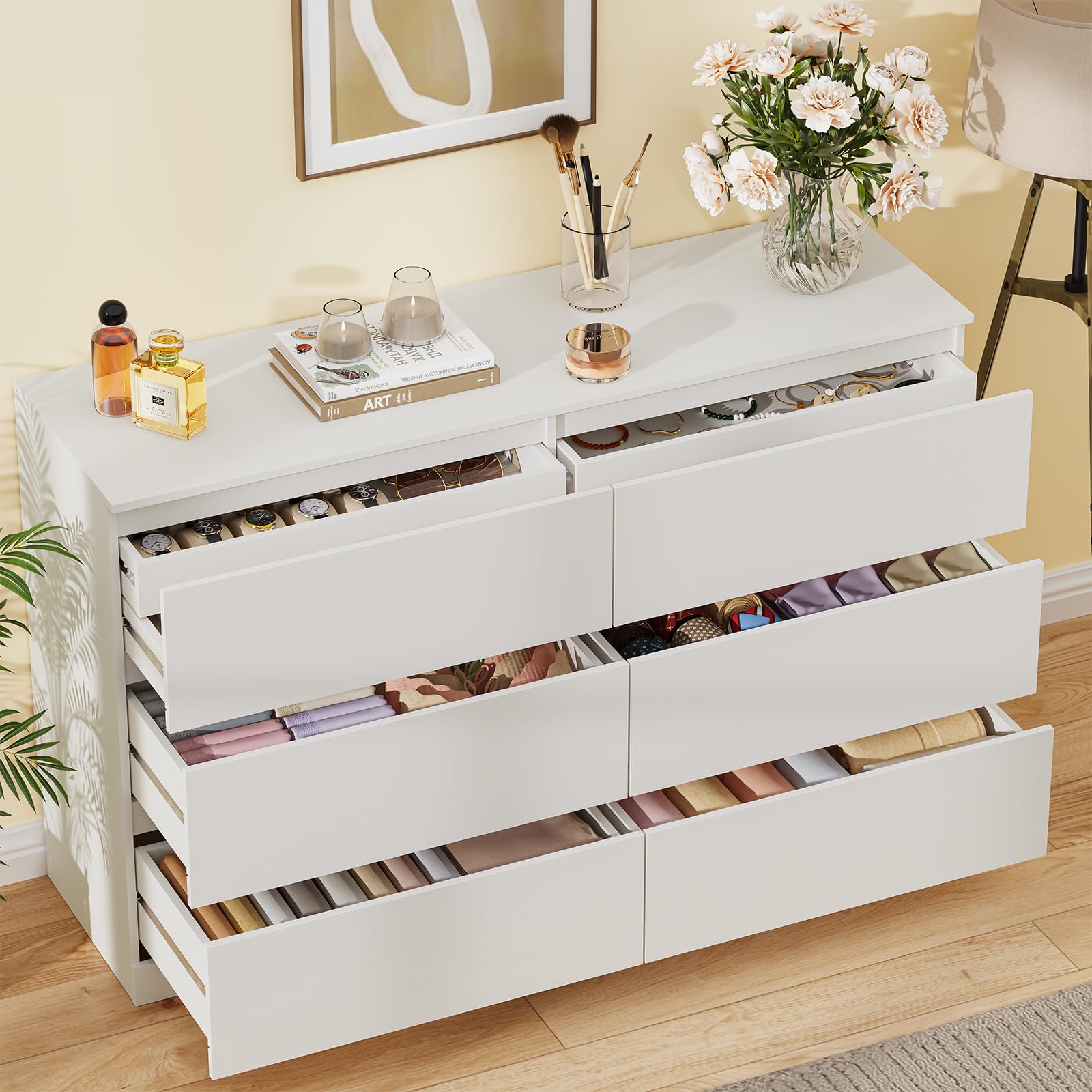 Asgolion Kommode mit 8 Schubladen, 120 x 36 x 75 cm, Moderne Kommode mit versteckter Schublade, Kommode mit Großer Kapazität, Holzkommode für Wohnzimmer, Schlafzimmer oder Flur, weiß, EU25DS126W