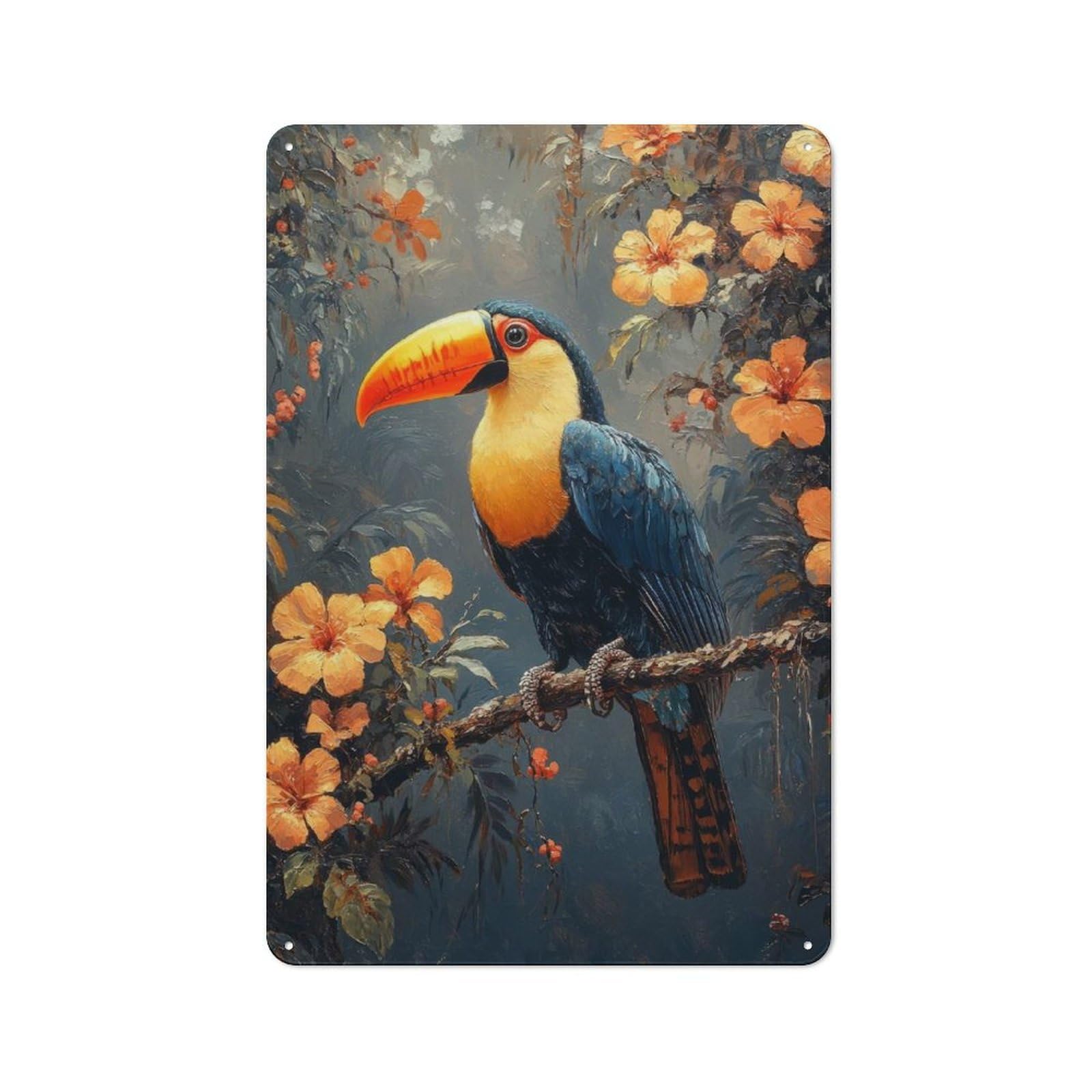 Junmoney Toucan In Tropical Bloom Workshop Style Metal Wall Decor 30X20cm, Tin Sign For Tool Room, Garage, Studio Or Home Bar