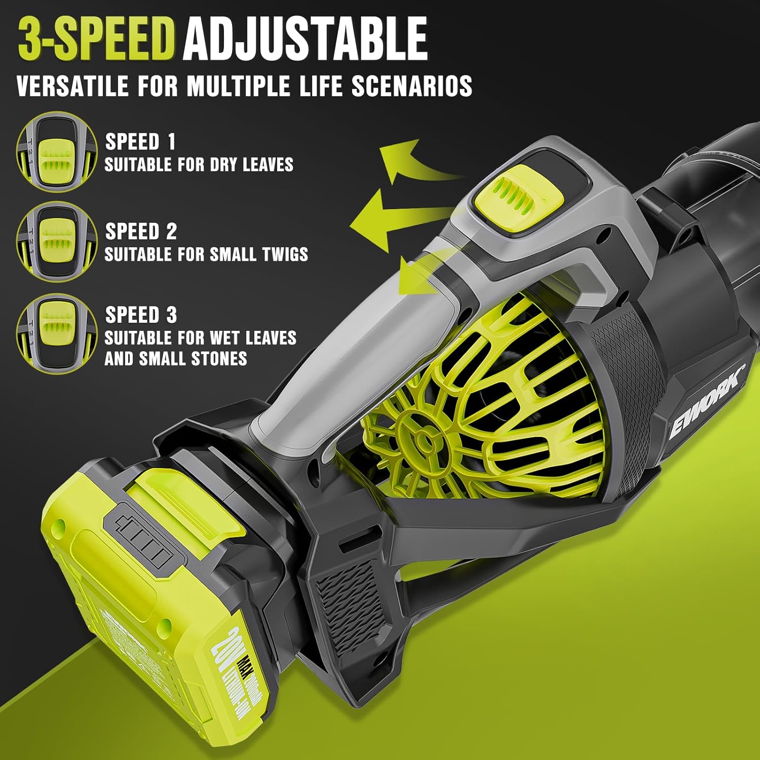 EWORK Cordless Leaf Blower with Battery and Charger 550 CFM Lightweight Electric Blower, 20V 3-Speed Modes, Powerful Blower for Lawn Care, Garden, Green