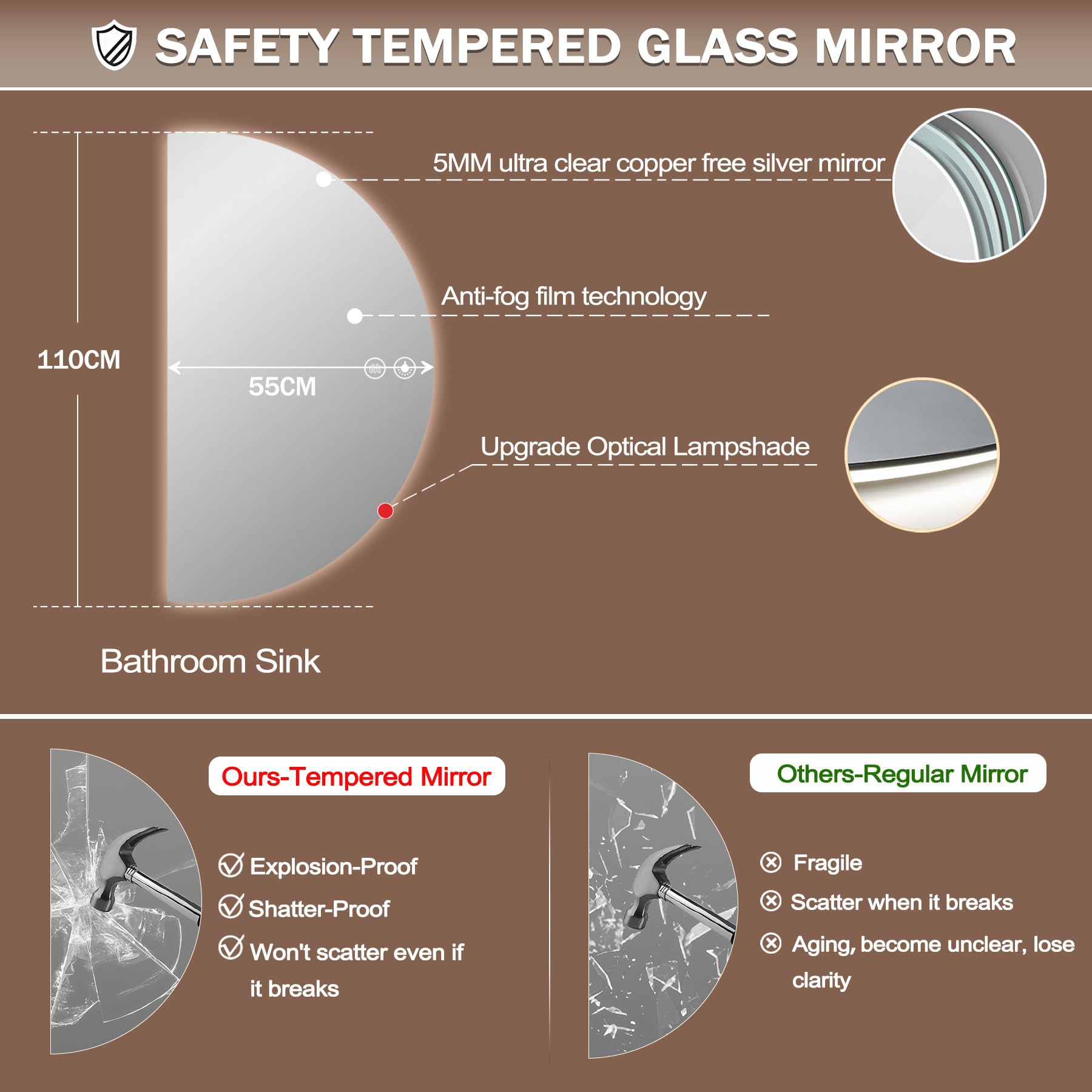 Miroir Salle De Bain avec Eclairage, 110 × 55cm Miroir LED Salle De Bain avec Anti-Buée, 3 Couleurs, LumièRe Réglable, Ip54 Miroirs Demi Cercle LED, Verre Trempé (Left Cut, 110×55cm)