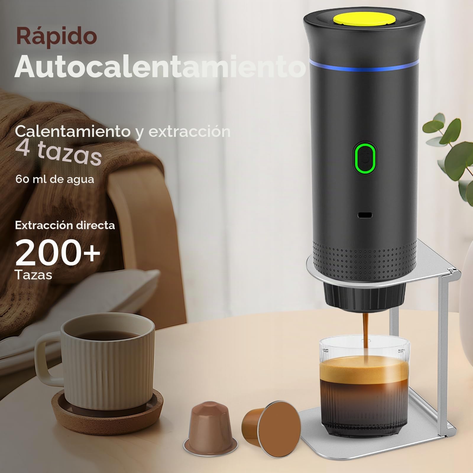 Cafetera Portátil 3 en 1, Máquina de Café Expresso con Soporte y Bolsa, Batería Recargable de 7500mAh, Compatible con Cápsulas y Café Molido, Para Viaje, Camping, Coche, Oficina (Blanco)