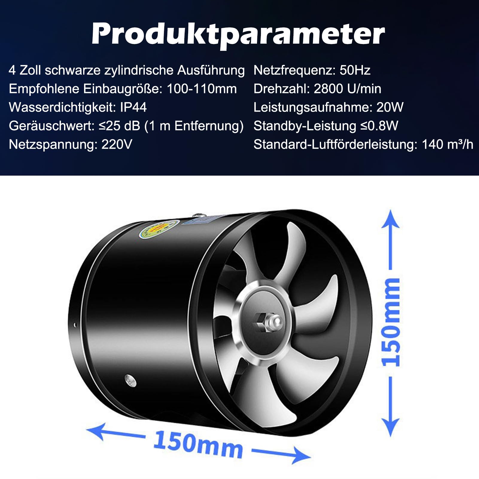 Rohrventilator 150mm, Inline-Rohrventilator, 600m³/h Rohrlüfter, 45dB Abluft für Bad Küche Gewächshaus Zelt Garage