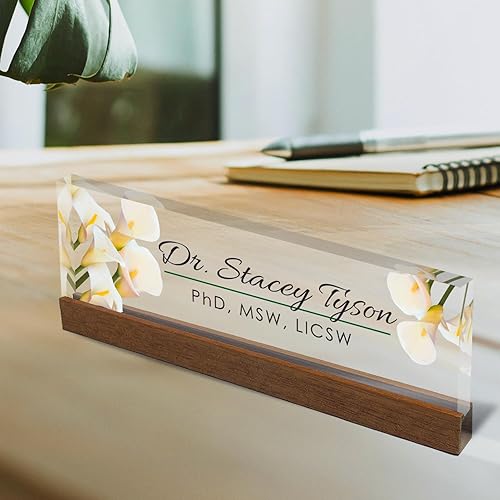 Miniatura 2 de Artblox Placa de identificación personalizada para escritorio de oficina y tarjetero  Vidrio acrílico transparente con soporte de madera de teca
