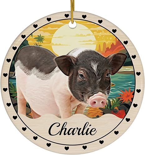Sunset Theme Design Saddle Mini Pig Personalized Christmas Ornaments 2023 Circle White Ceramic Pet Owner Gifts