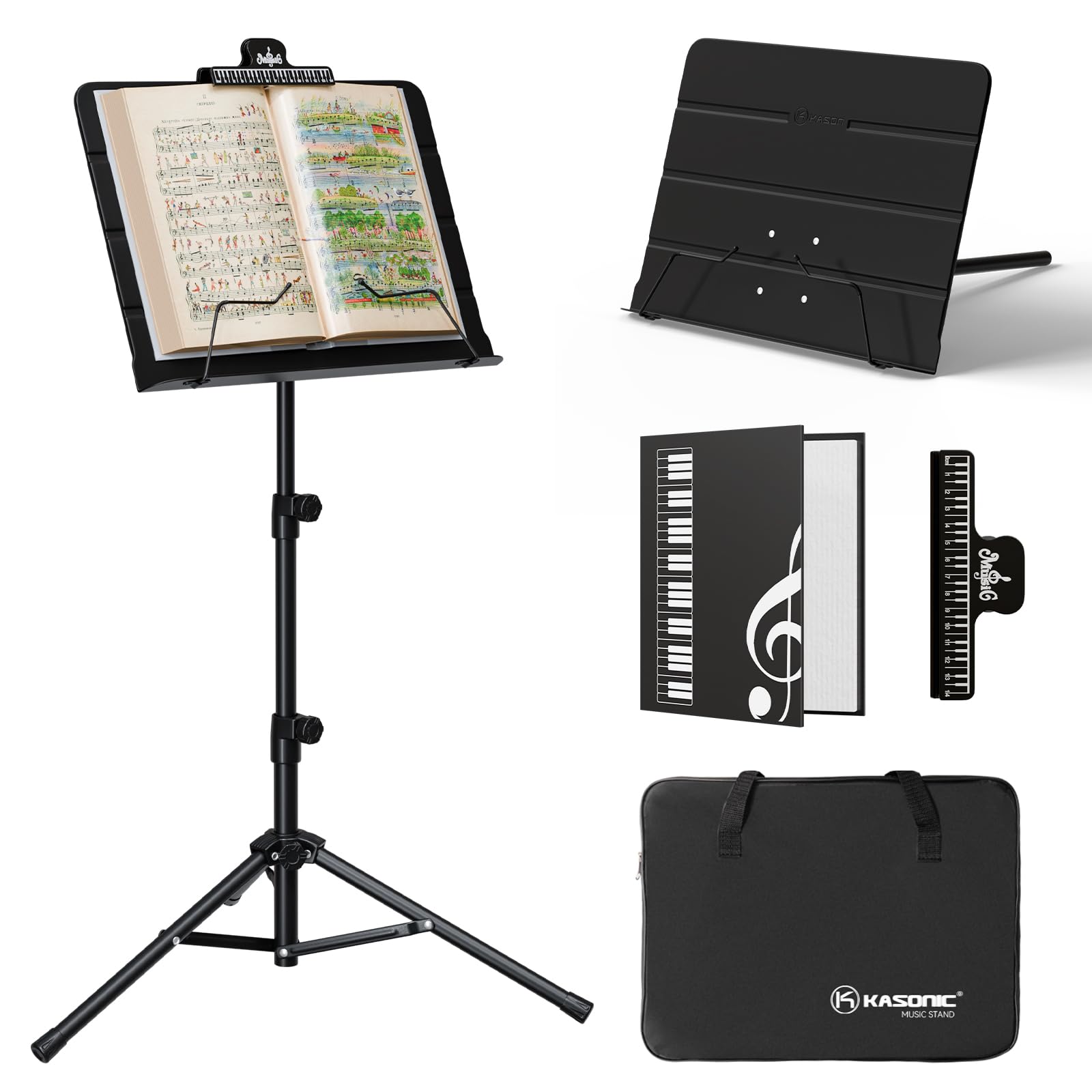 K KASONIC Foldable Music Stand, 2 in 1 Collapsible Music Stands with Music Sheet Folder, Portable Music Book Stand Set for Performances, Sheet Music Stand Tripod for Musical Needs, Black