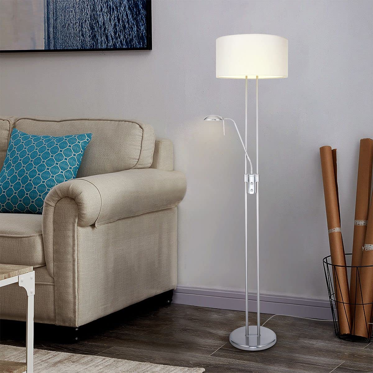 Home Sweet Home Lámpara de pie de techo con luz de lectura regulable – Lámpara de pie para salón blanca, lámpara LED de 170 cm con pantalla de tela, incluye bombillas E27 y G9