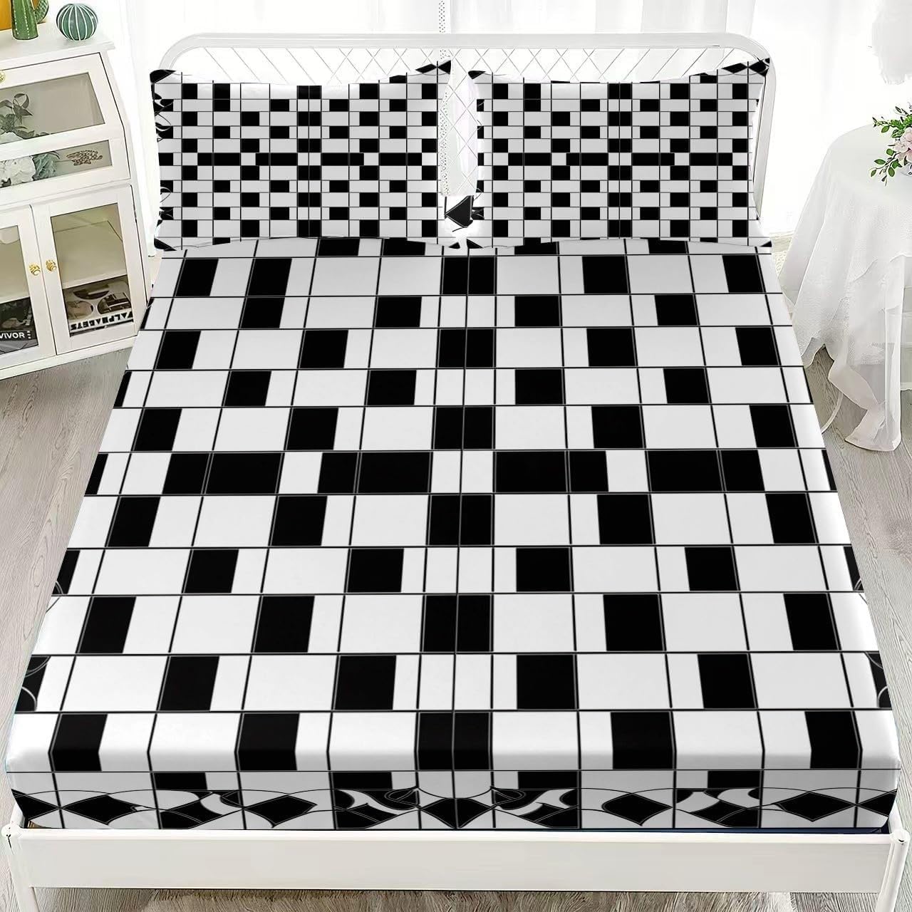 Black and White Checkerboard Fitted Sheet Geometric Bed Sheets Deep Pocket 12 inch (30 cm) Soft Cozy 3 Piece Microfibre Bed Sheet 200x200 cm with 2 Pillowcases 50x75 cm