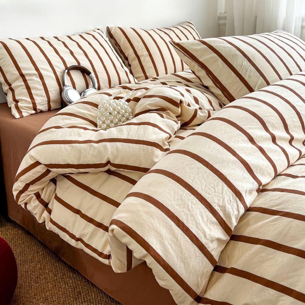 Michorinee King Size Duvet Cover Set Beige Brown Stripe Striped Pattern Country Style Bedding Set Aesthetic Cute Vintage Soft Microfibre Girls Quilt Cover with Zipper Closure and 2 Pillowcases 50x75