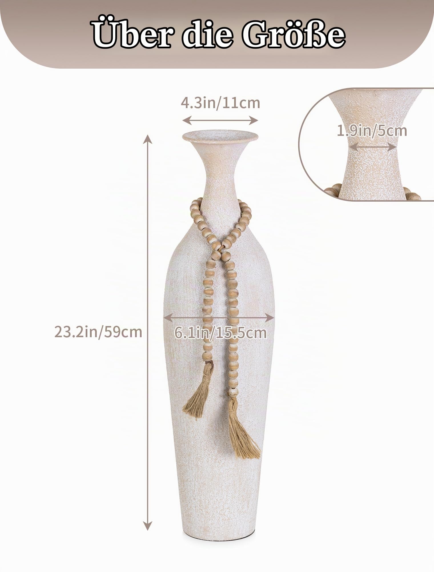 Sziqiqi Metall Bodenvase Groß 60cm: Hoch Vasen Rustikale mit Boho Perlen | Dickes, Stabile, Weiß, Sicher für Kinder und Haustiere, für Faulpelze, Indoor, Wohnzimmer, Landhaus, Einweihung