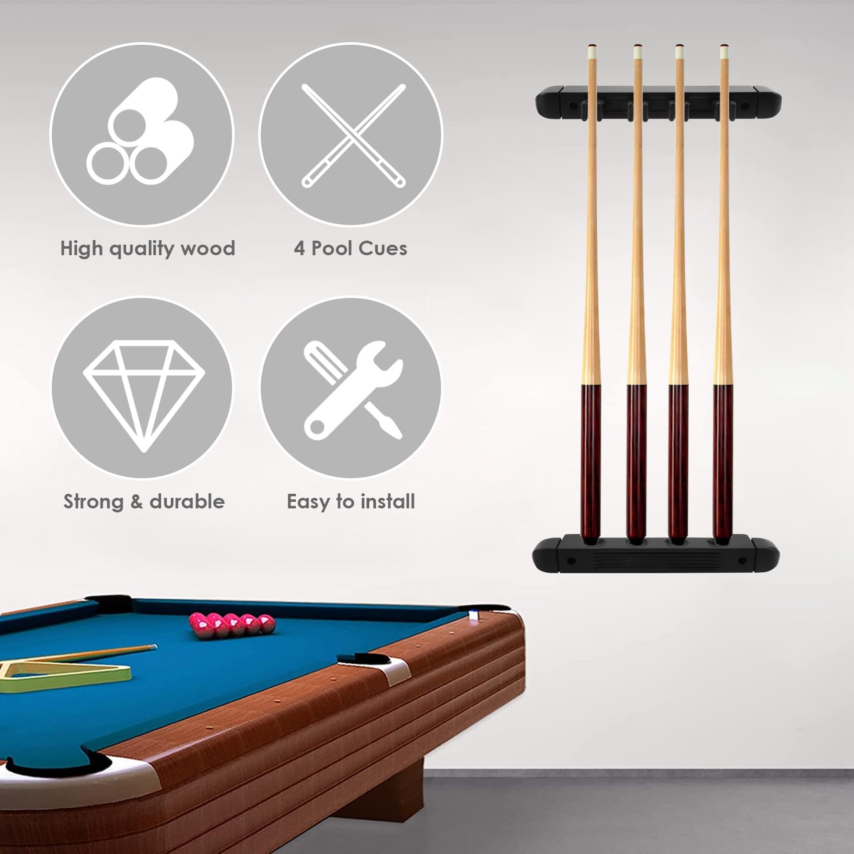 Support Mural Pour Queues De Billard - En Bois, 4 Pinces, Dimensions 27x3x3 Cm, Rangement Salle De Jeux - 10