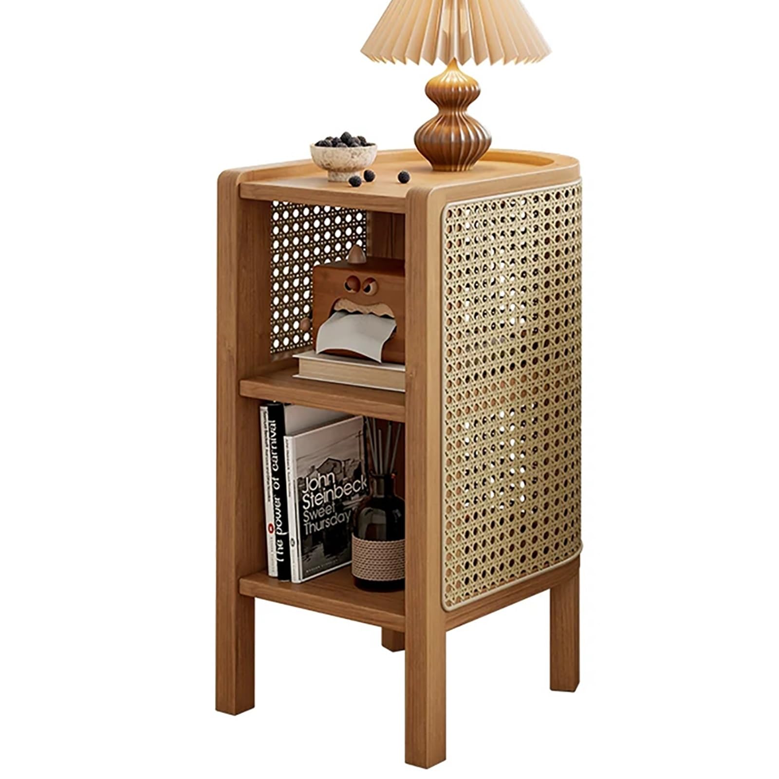 SXZenSpace Rattan Nightstand End Table with Open Shelving, Solid Wood Bedside for Bedroom and Small Spaces(Natural)