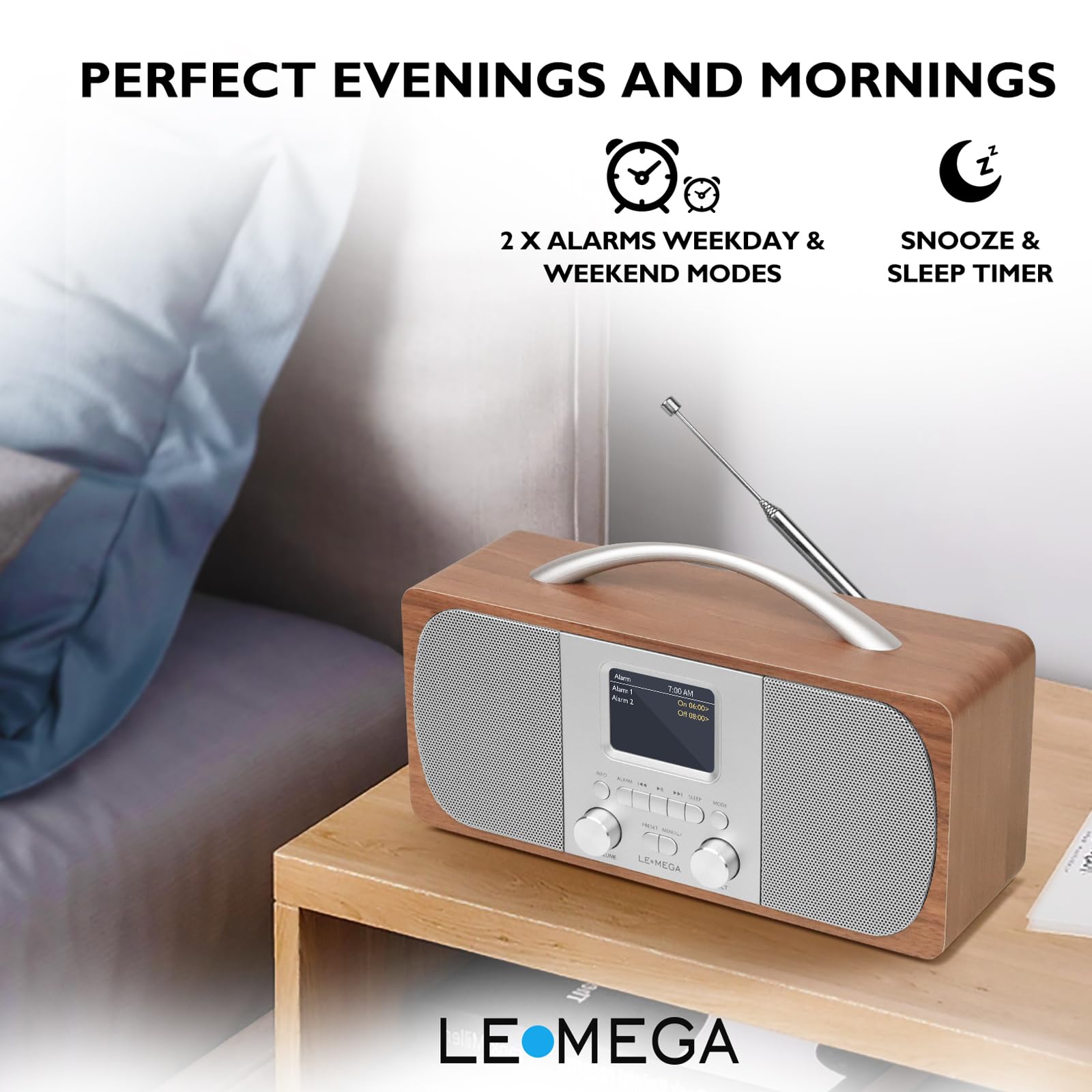 LEMEGA DR6 Poste Radio Stereo DAB/DAB+ Numérique avec Bluetooth, FM, Radio Réveil - Noyer