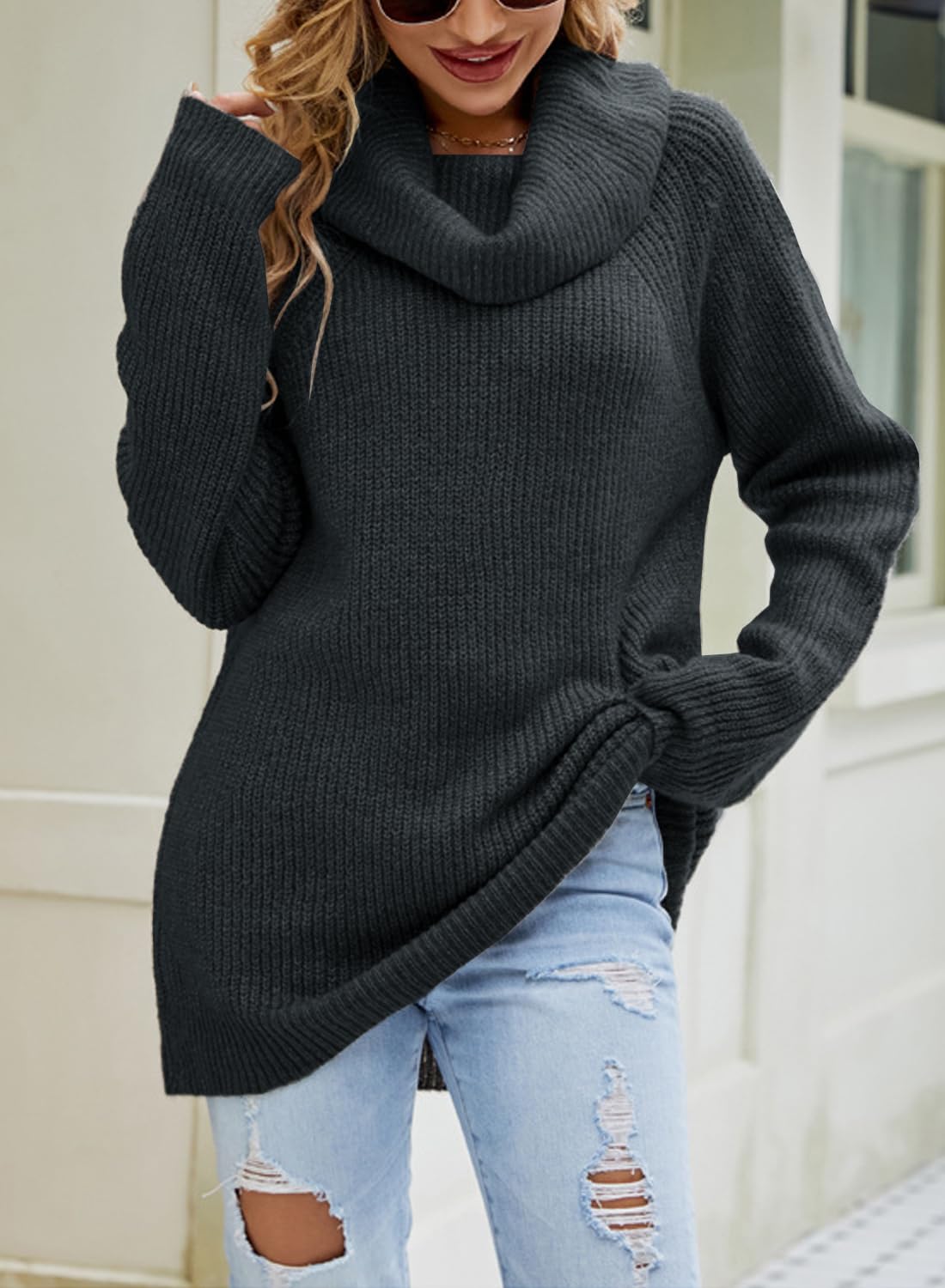 crazy bean Maglione Donna Elegante a Collo Alto Maglie Pesante a Maniche Lunghe Caldo Dolcevita Lungo Pullover Invernale in Maglia Oversize