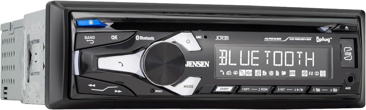 Jensen JCR311 10-Character LCD Single DIN Car Stereo Radio CD Player Push to Talk Assistant Bluetooth Hands Free Calling & Music Streaming AM/FM Radio USB Playback & Charging