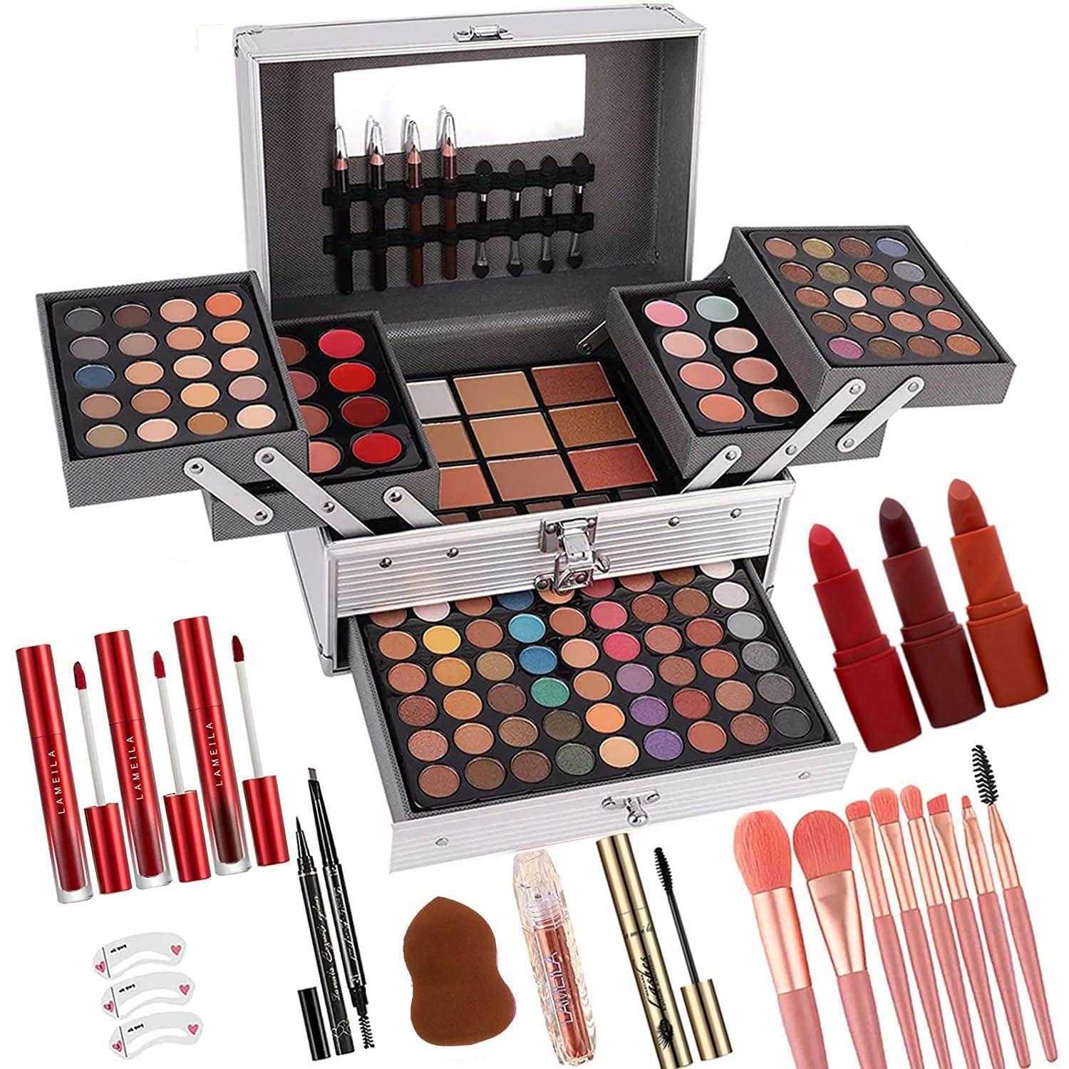 Kit de maquillage pour femmes et filles, kit de maquillage tout-en-un avec pinceau cosmétique, rouge à lèvres, palette de fards à paupières, blush, gel pailleté en rose, mallette de maquillage de